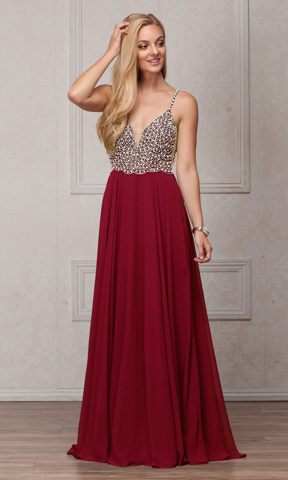 VESTIDO LARGO DE FIESTA L570 GRANATE