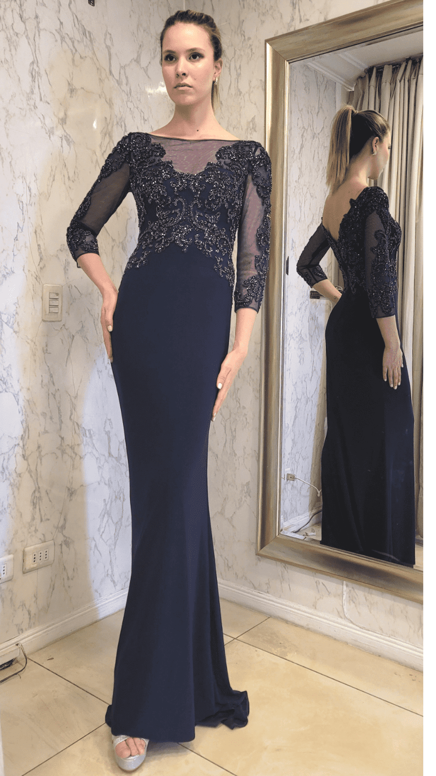 VESTIDO LARGO CON MANGAS LMV1017 AZUL