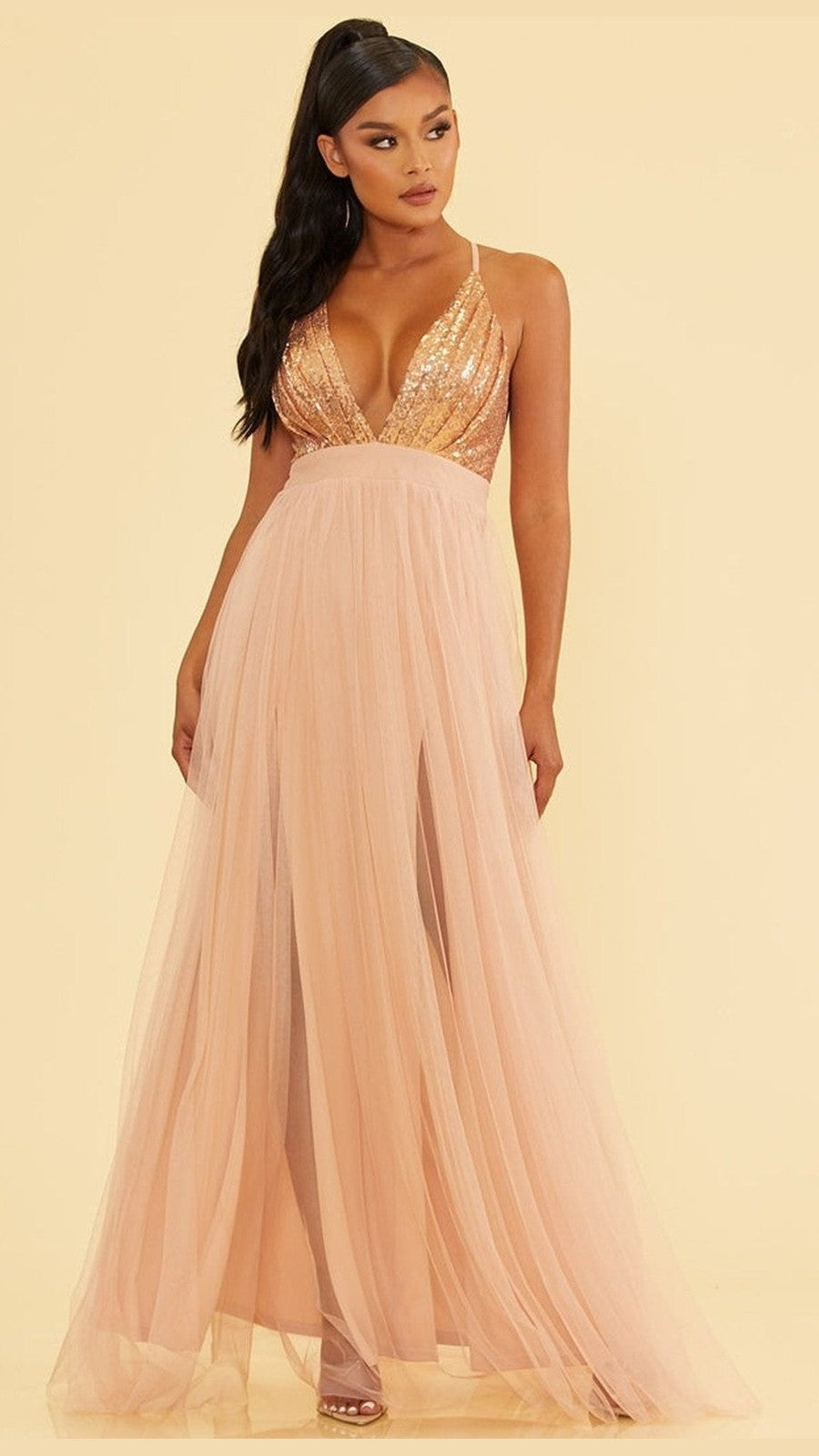 VESTIDO DE FIESTA LARGO L3455 DORADO