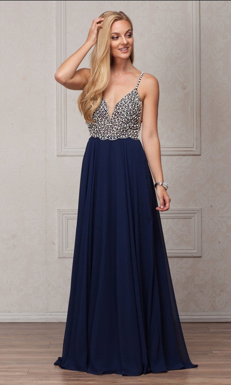 VESTIDO LARGO DE FIESTA L570 AZUL MARINO – VESTIDOS UNIQUE - Main Image