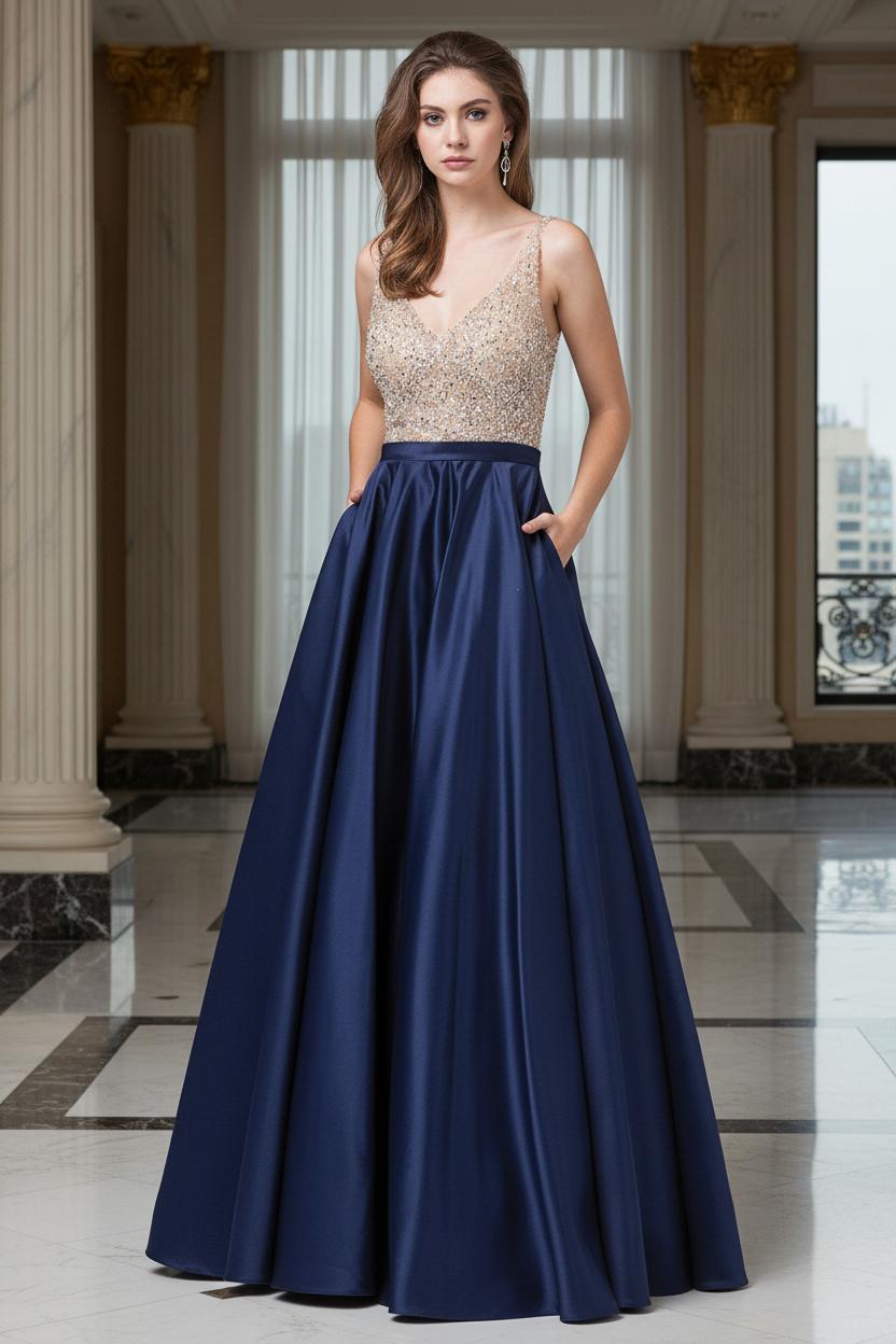 VESTIDO DE FIESTA LARGO L2568 AZUL MARINO