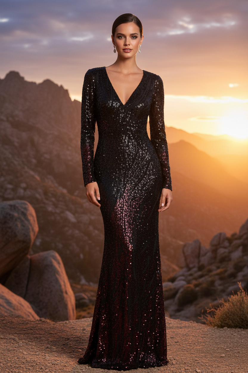 VESTIDO LARGO L21201 NEGRO/BURDEO