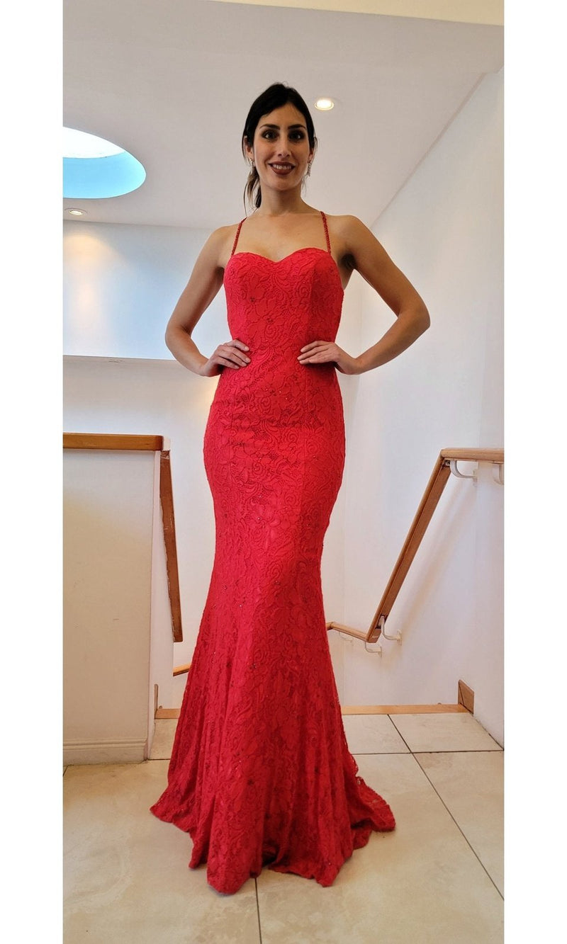 VESTIDO DE FIESTA LARGO ROJO SIN ESPALDA CORTE SIRENA L2281 ROJO