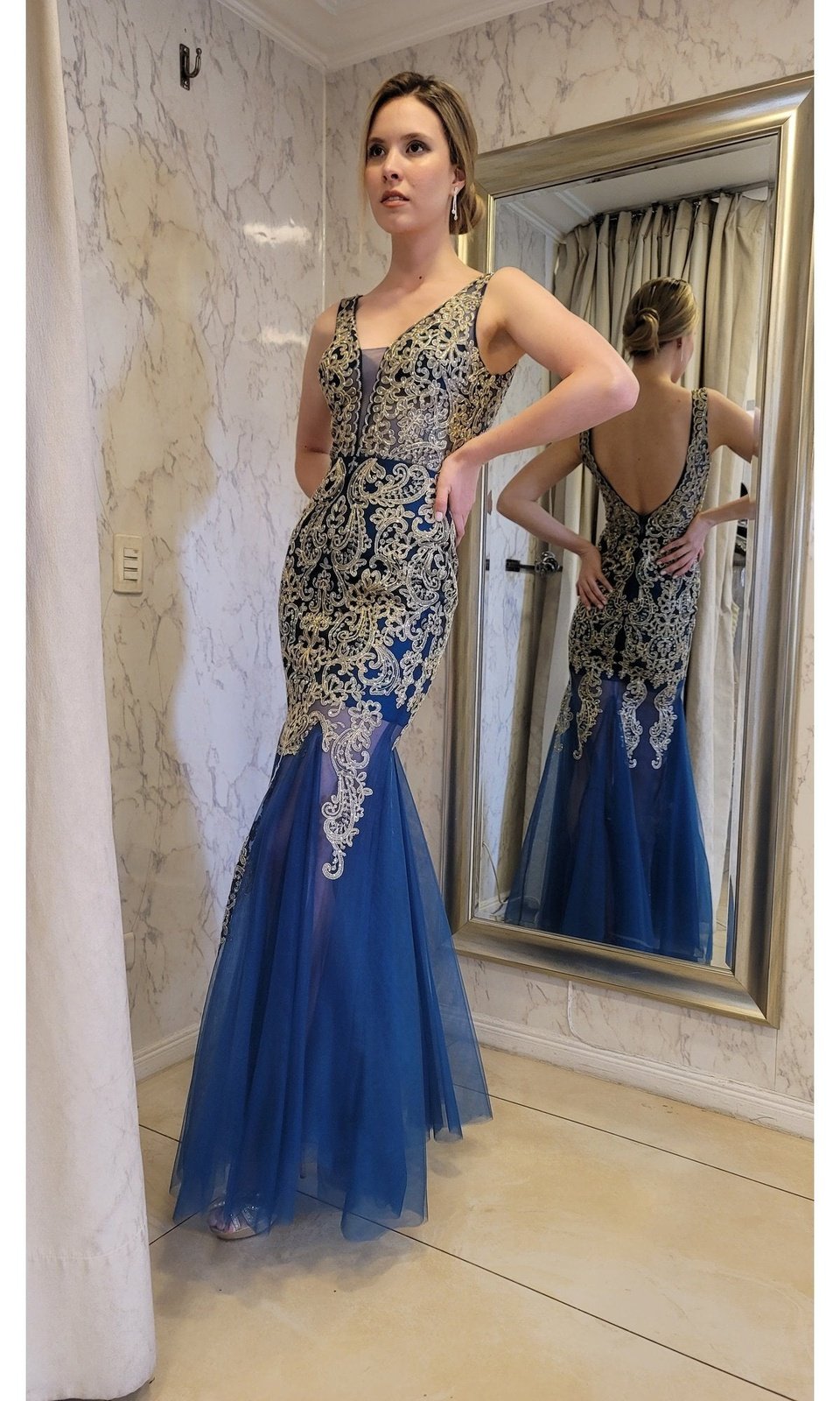 VESTIDO LARGO L17309 AZUL-DORADO