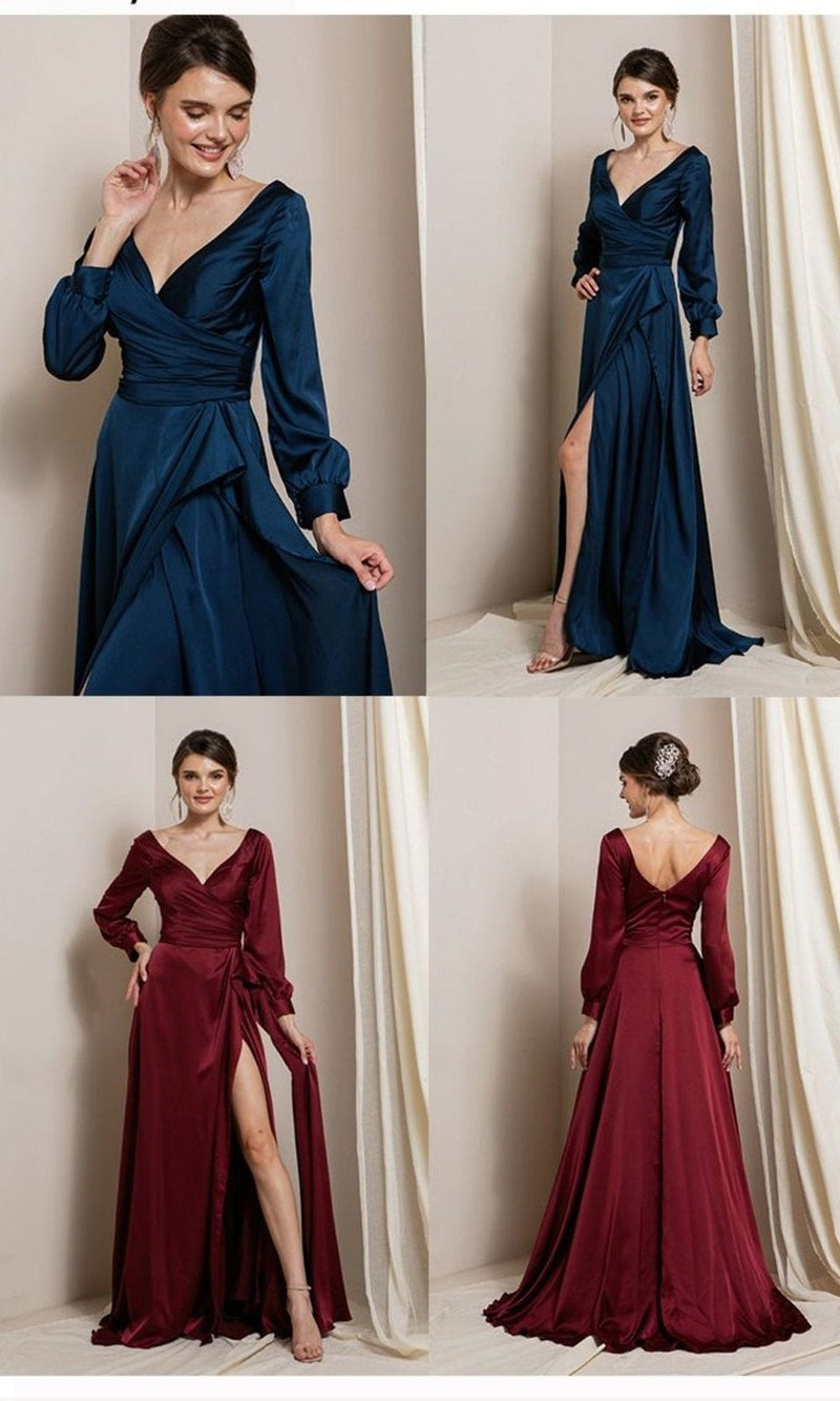 VESTIDO LARGO SATIN MANGAS L19691 BURDEO